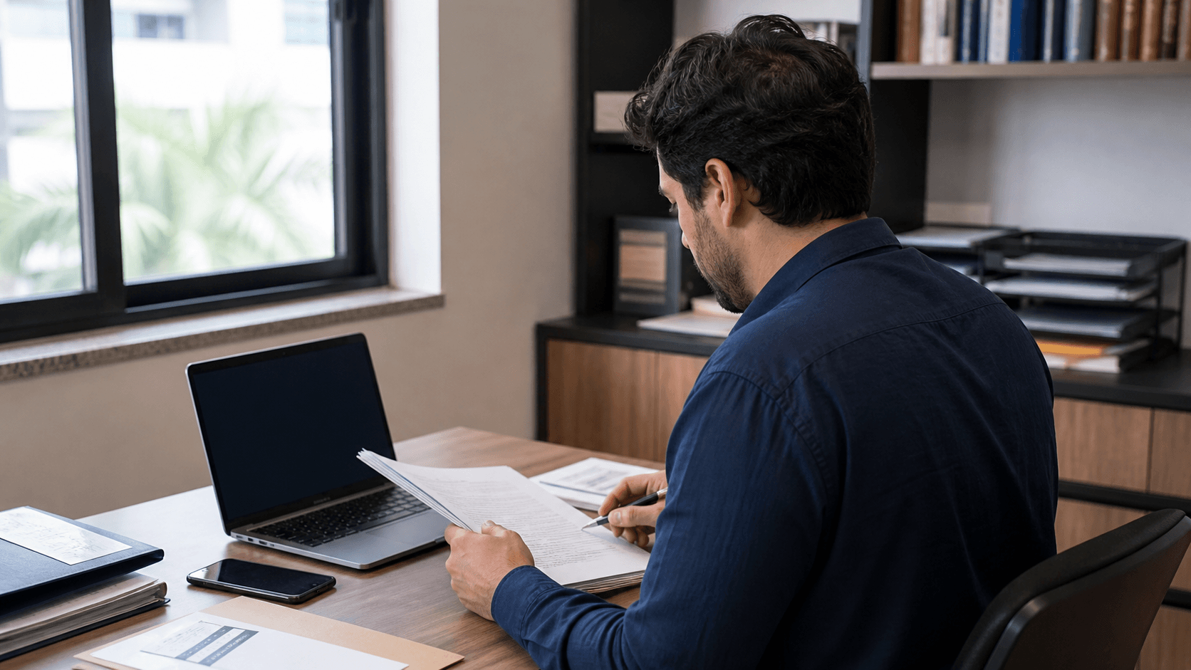 Profissional revisando informações de atendimento em um escritório