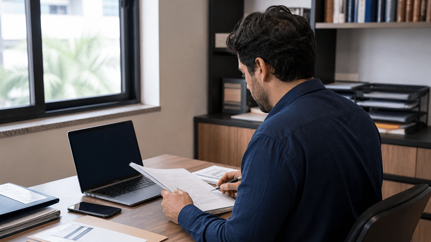 Advogado revisando o atendimento de novos casos no escritório