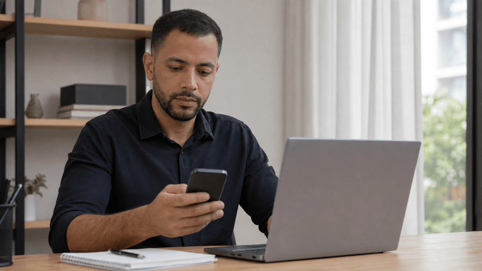 Profissional usando celular e notebook durante uma conversa de atendimento
