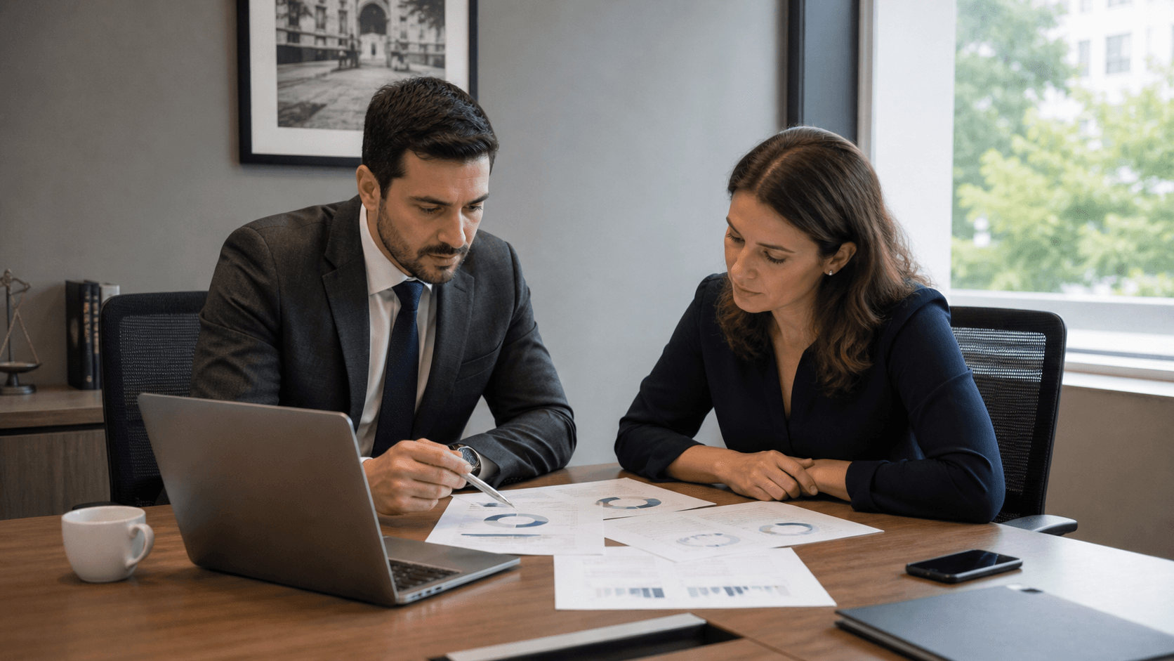 Profissionais analisando informações em uma reunião de escritório