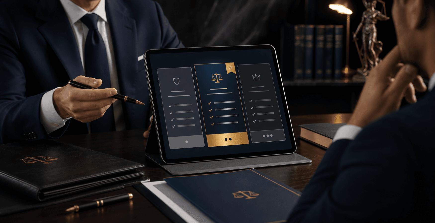 Proposta de honorários em tablet com três opções visuais e destaque para o plano estratégico