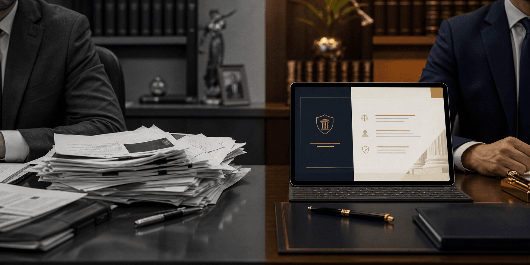 Comparativo entre documentos desorganizados e proposta jurídica premium em tablet