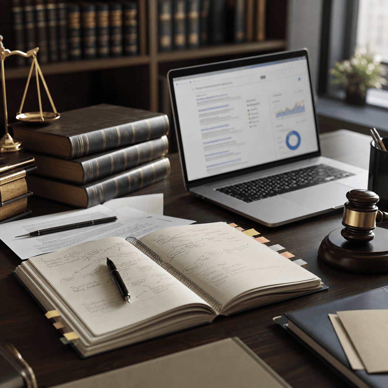 Mesa de pesquisa em escritório jurídico com caderno de planejamento, livros e laptop para estratégia de conteúdo