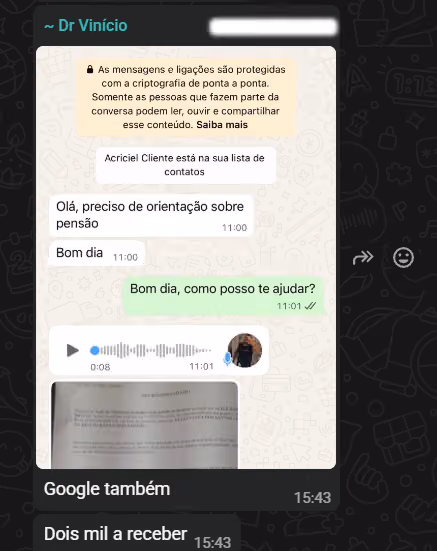 Print 1 de conversa no WhatsApp sobre contratos fechados pelo escritório