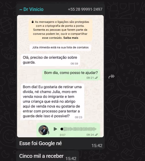 Print 3 de conversa no WhatsApp sobre contratos fechados pelo escritório