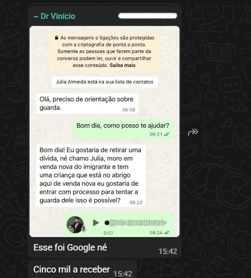 Print 2 de conversa no WhatsApp sobre contratos fechados pelo escritório