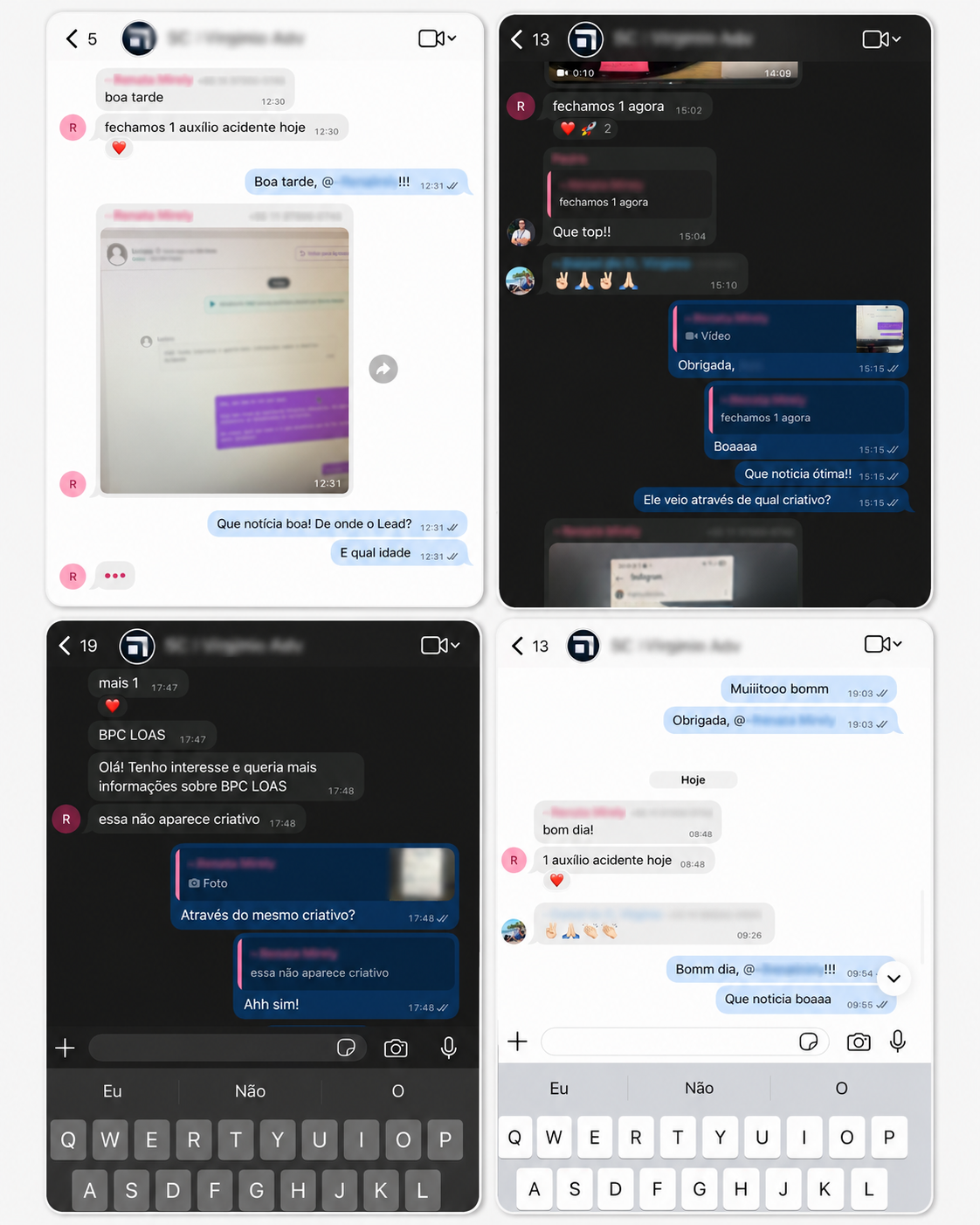 Conversas reais da equipe da Virginio Advocacia fechando contratos de BPC/LOAS e Auxílio-Acidente